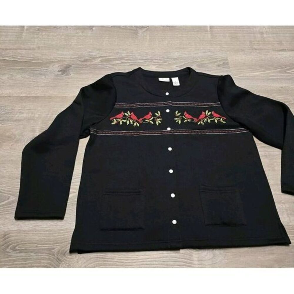 Kim‎ Rogers Women's Black Cardigan With  Embroidered Cardinals & Holly Size PL
